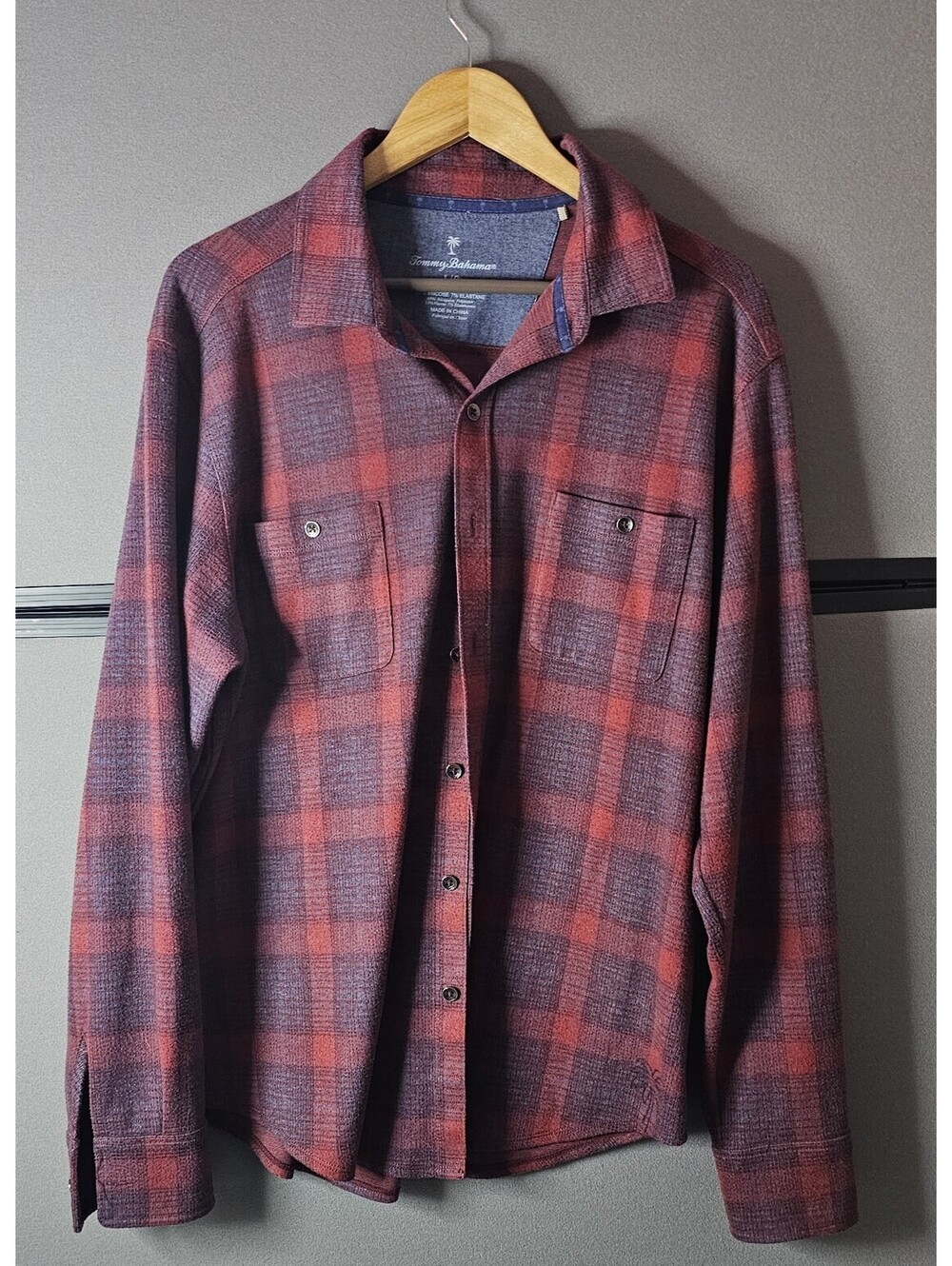 Tommy Bahama Men's Large Red and Gray Plaid Button-Up Shirt